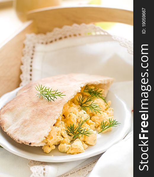 Breakfast omelet in pita bread with dill. Breakfast omelet in pita bread with dill