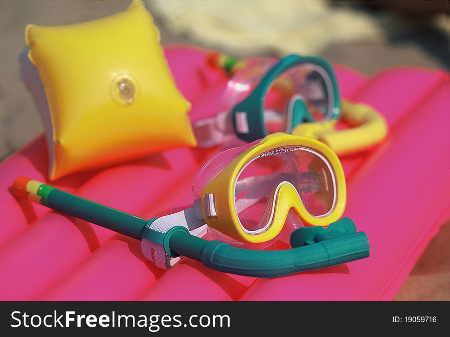 Close up of scuba float mask on the beach. Close up of scuba float mask on the beach