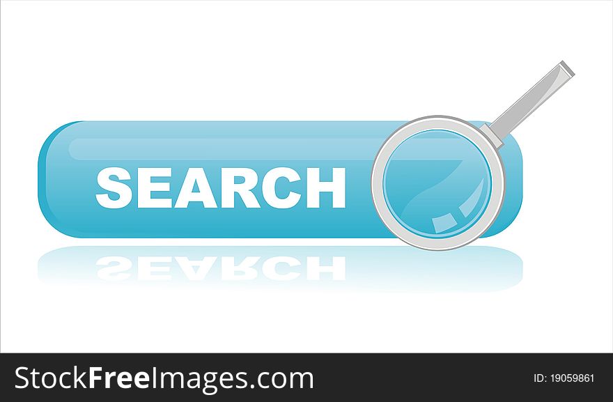 Glossy blue search banner with magnifying glass