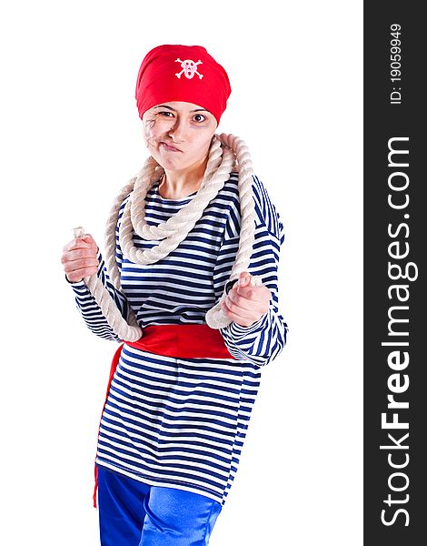 Girl clown costume pirate with a rope