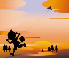 Sunset Girl Flying A Kite Stock Image