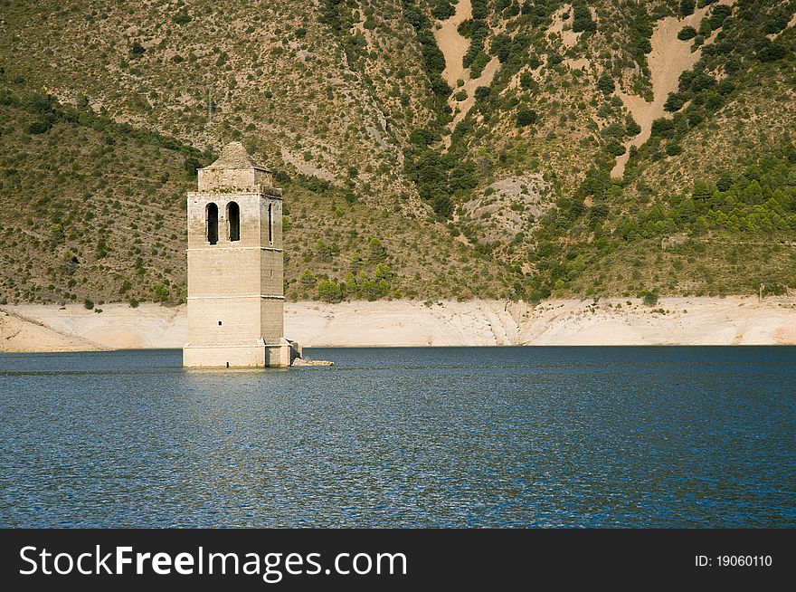 Church tower of the submerged village of Mediano, Ainsa, Spain. Church tower of the submerged village of Mediano, Ainsa, Spain
