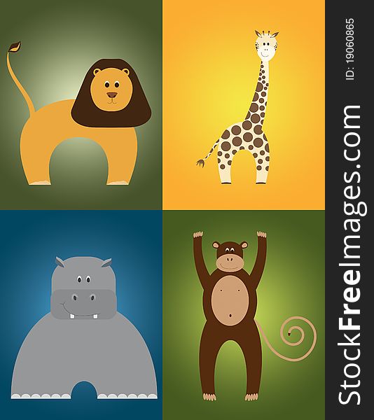 Leo, giraffe, hippo and monkey illustration. Leo, giraffe, hippo and monkey illustration.