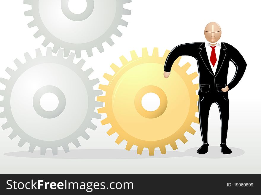 Illustration of business man standing with cog wheel. Illustration of business man standing with cog wheel