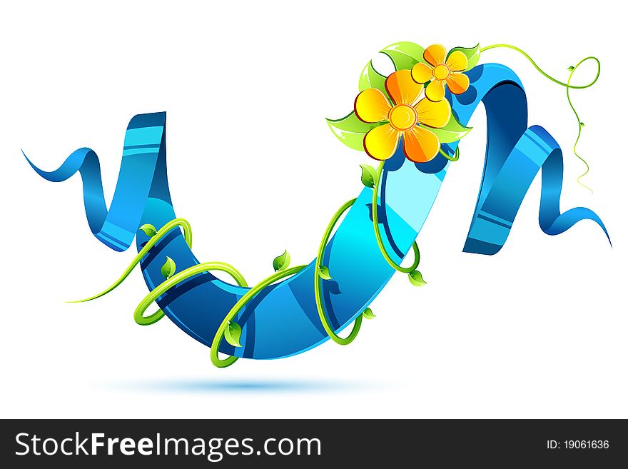 Illustration of glossy ribbon with floral swirls laying on floral