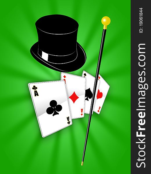 Magician accessories - hat, cane, cards - on a green background