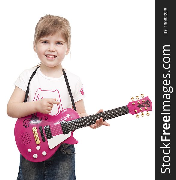 Little Girl Playing Toy Pink Electric Guitar