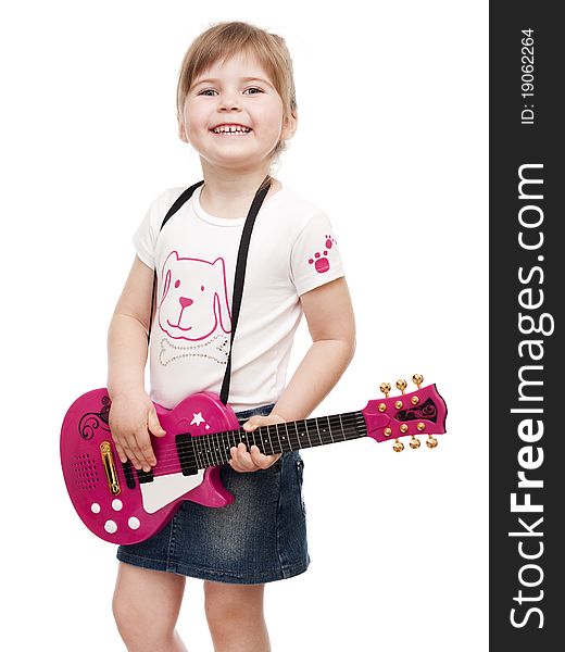 Little Girl Playing Toy Pink Electric Guitar