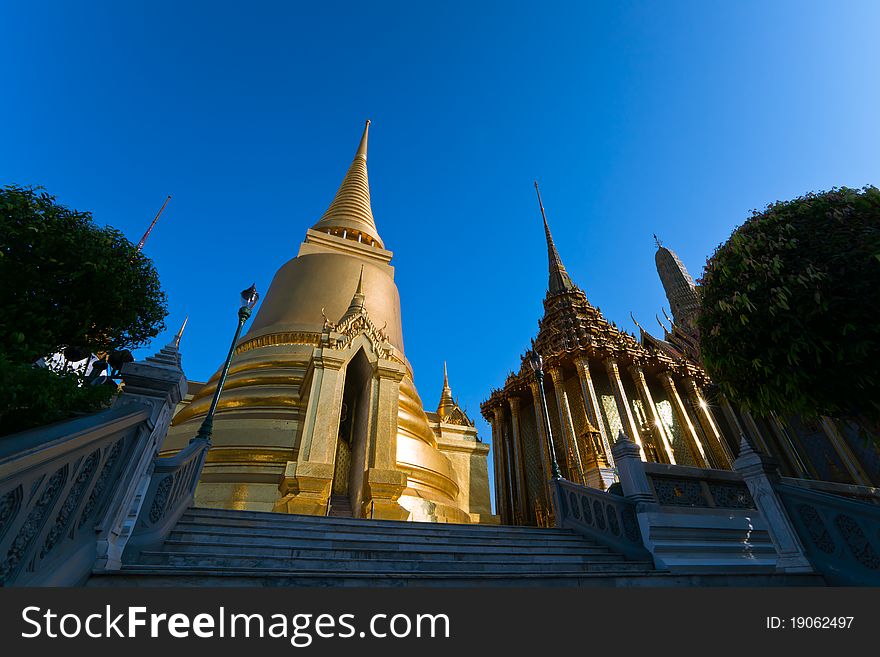 Stupa at Wat Phra Kaeo Grand Palace, Bangkok Thailand, full official name Wat Phra Si Rattana Satsadaram. Stupa at Wat Phra Kaeo Grand Palace, Bangkok Thailand, full official name Wat Phra Si Rattana Satsadaram.