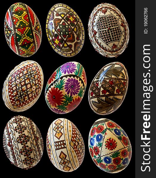 Traditional hand painted eggs for easter from Bucovina, Romania. Isolated on black. Traditional hand painted eggs for easter from Bucovina, Romania. Isolated on black.