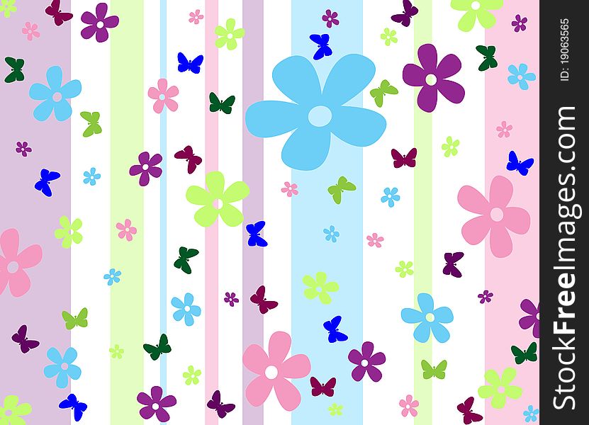 Colorful background with flowers and butterfly