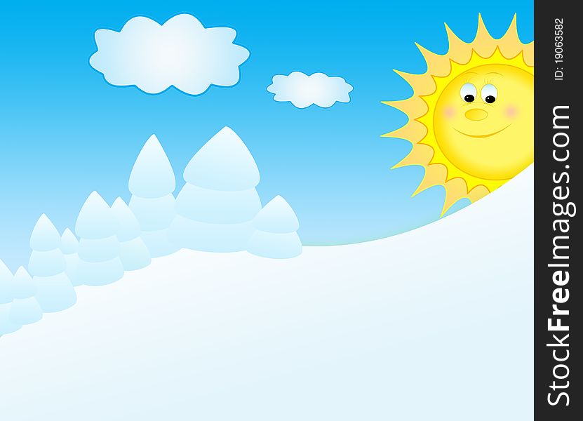 Winter landscape cartoon with sun
