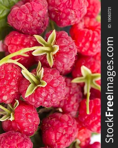 Close-up ripe raspberries, selected focus