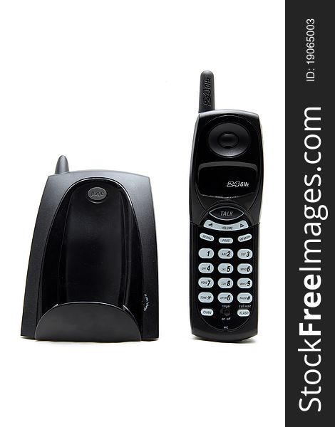 Black cordless telephone on white