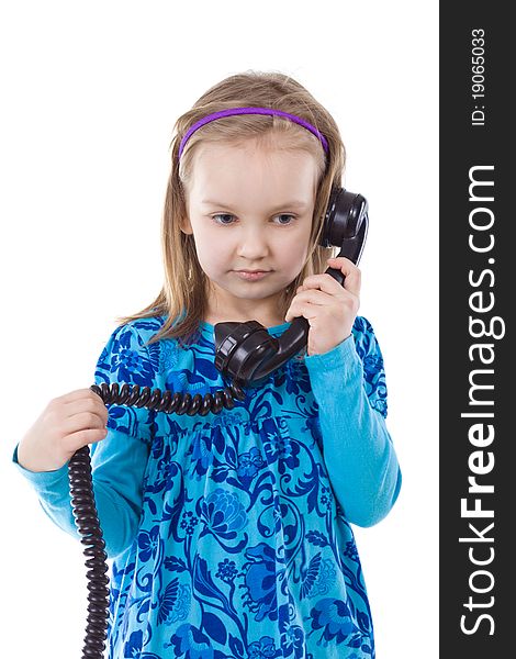 Bad news. Little girl phone talking. Isolated on white. Bad news. Little girl phone talking. Isolated on white.
