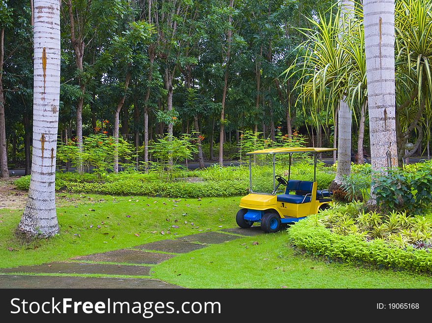 Golf cart on path, pretty green grass