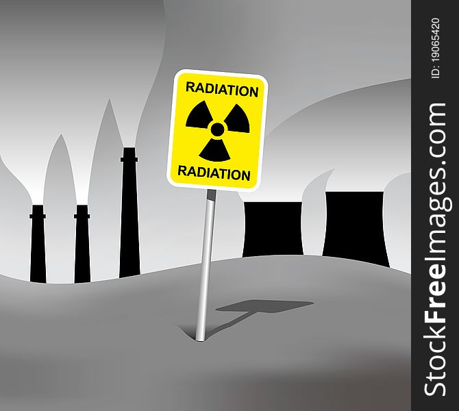 Radiation contaminated nature with radiation sign and plants in background