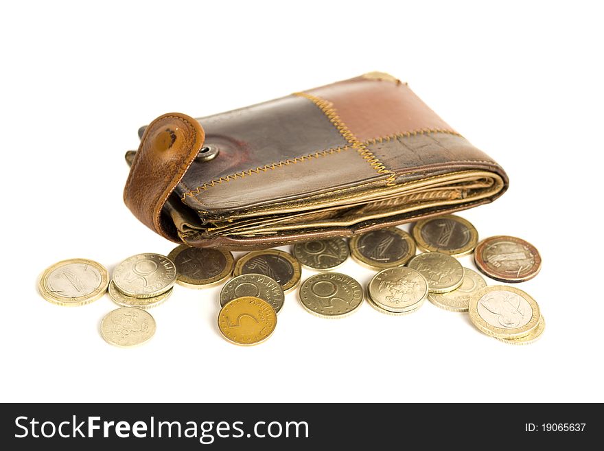 Wallet with coins isolated on white