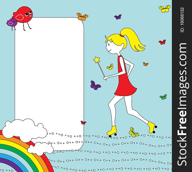 Vector Illustration of retro design greeting card with little girl on rollerblades and copy space for your text