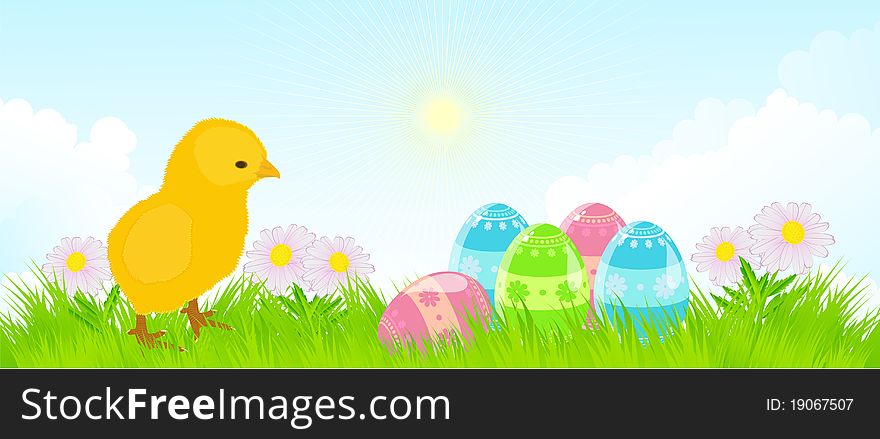 The  illustration contains the image of Easter landscape