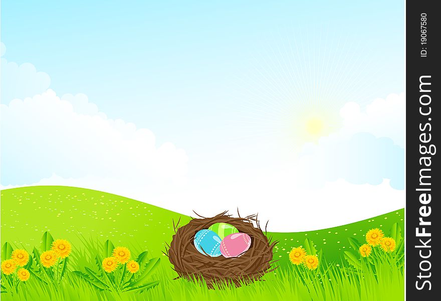 The vector illustration contains the image of Easter landscape