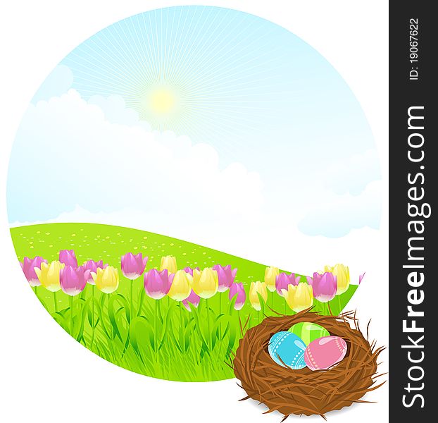 The vector illustration contains the image of Easter landscape