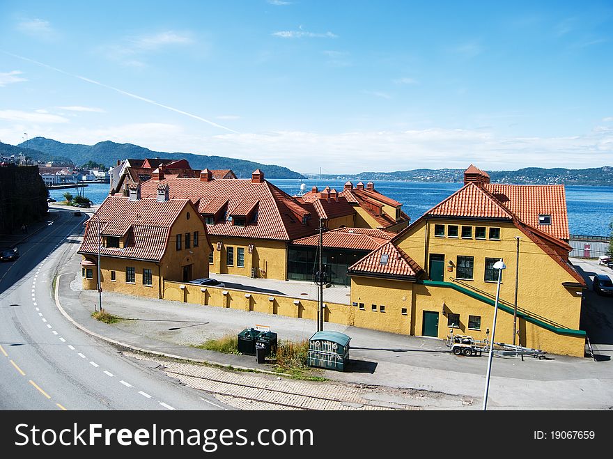 Avian view of old pier quarter in Bergen, Norway
