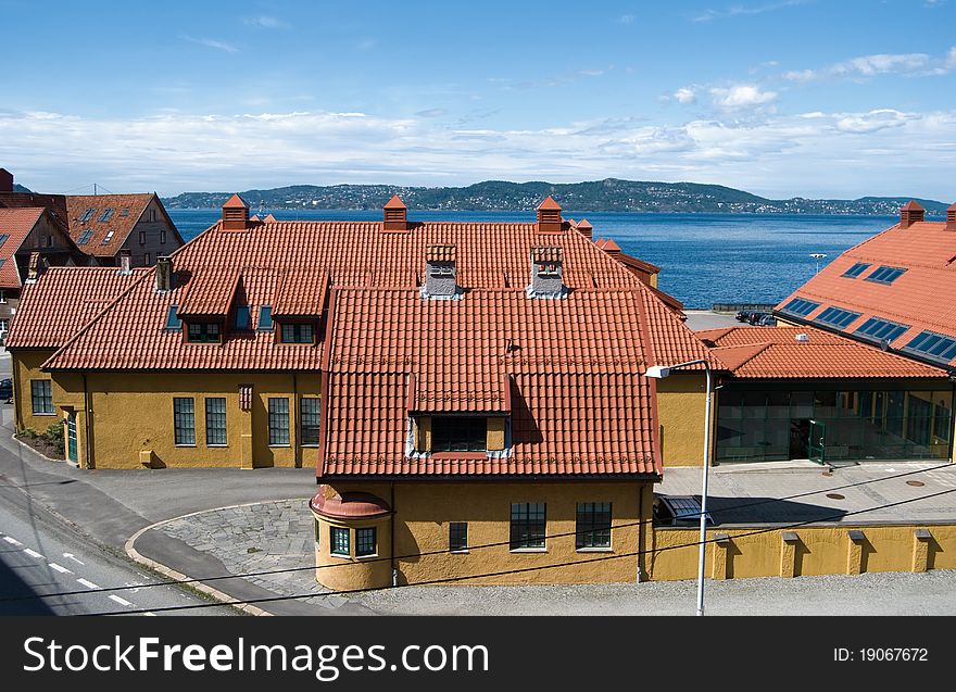 Avian view of old pier quarter in Bergen, Norway