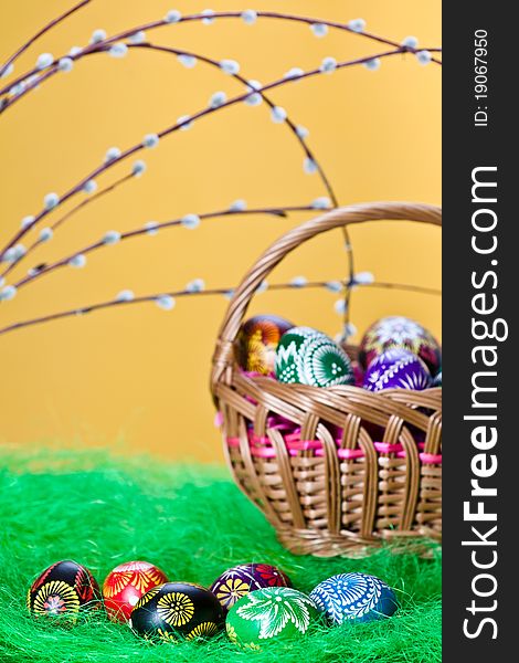 Basket full of Easter eggs and flower. Basket full of Easter eggs and flower