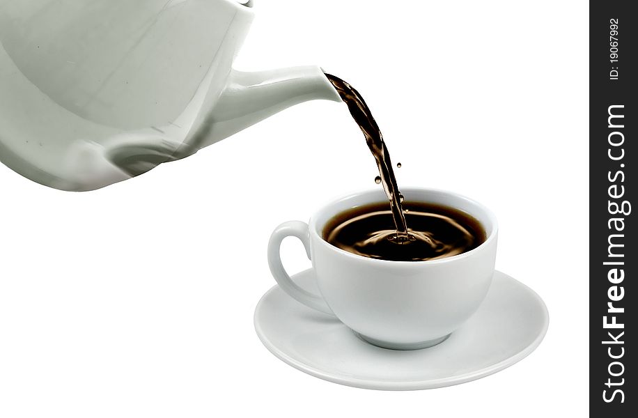 Pour coffee into cup on white background. Pour coffee into cup on white background