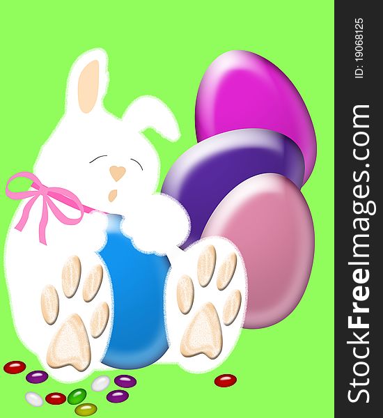 Easter eggs and jellybeans around sleeping bunny. Easter eggs and jellybeans around sleeping bunny