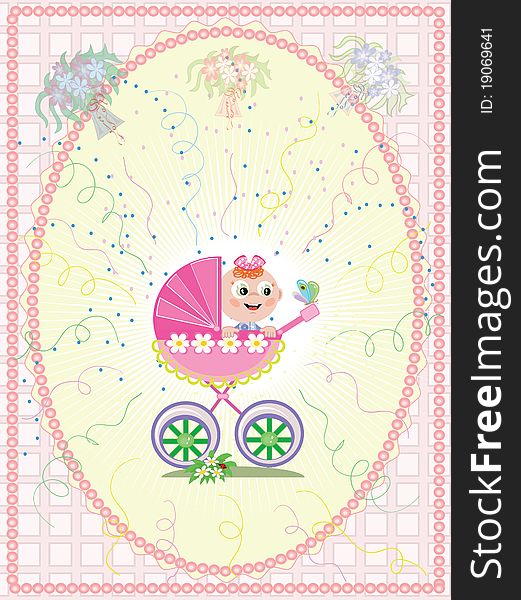 Birthday background with baby girl in carriage. Birthday background with baby girl in carriage