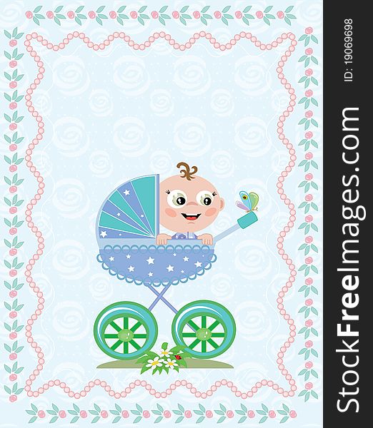 Birthday background with baby boy in carriage. Birthday background with baby boy in carriage