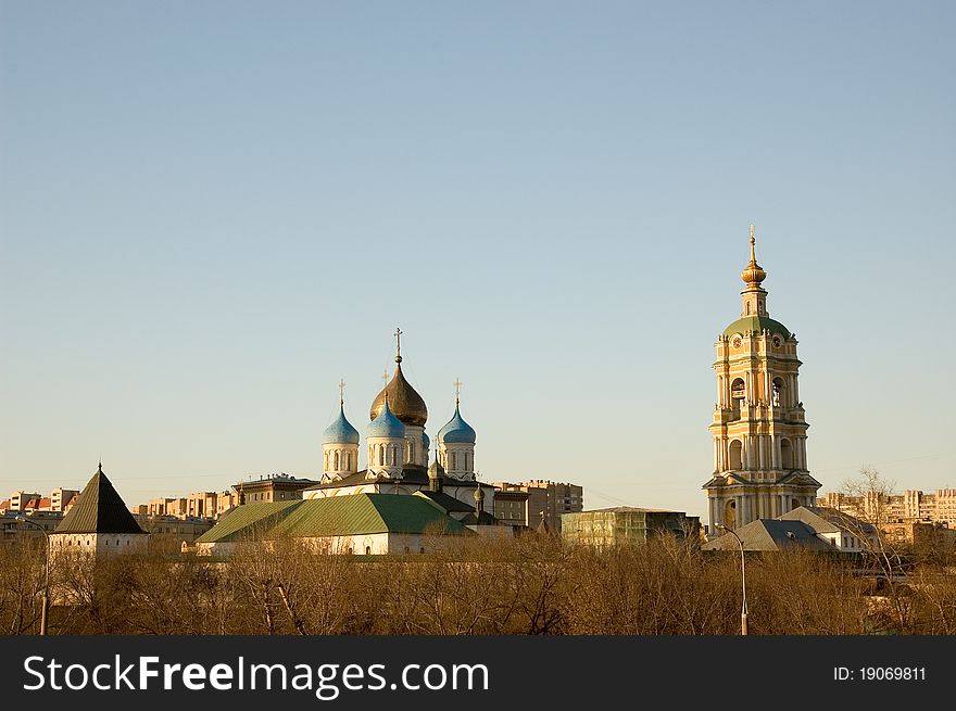 View of Novospassky monastery at sunset in Moscow