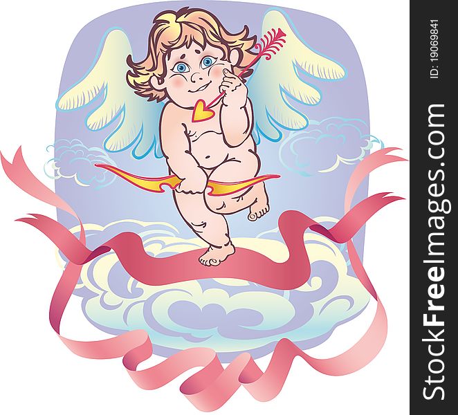 Nude Cupid with an arrow on the cloud and the tape. Nude Cupid with an arrow on the cloud and the tape