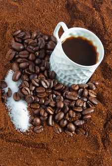 Coffee, Sugar And Coffee Beans Royalty Free Stock Photo