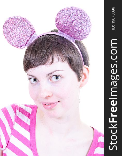 Beautiful woman wearing rose mouse headband. Beautiful woman wearing rose mouse headband