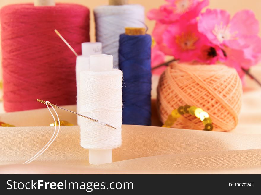 Threads and accessories for sewing. still life