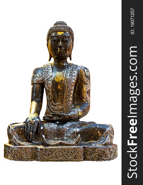Old black Buddha statue on white background