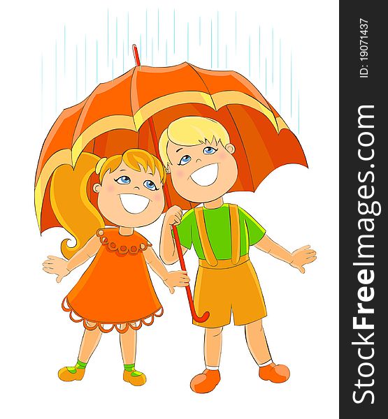 Image of little boy and girl under umbrella. Image of little boy and girl under umbrella