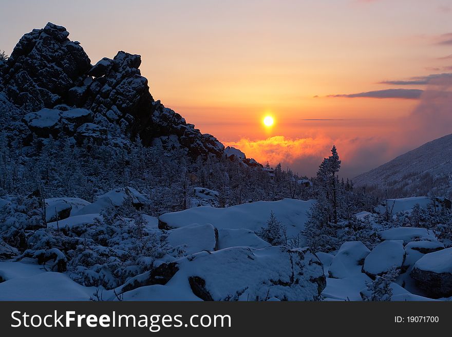 Sunrise in mountains. Southern Ural Mountains.