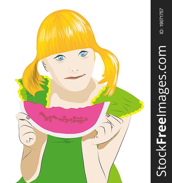 A girl eating watermelonï¼Œhand-printed