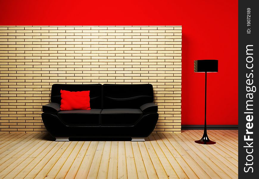 Modern interior design of living room with a black sofa and a floor lamp. Modern interior design of living room with a black sofa and a floor lamp