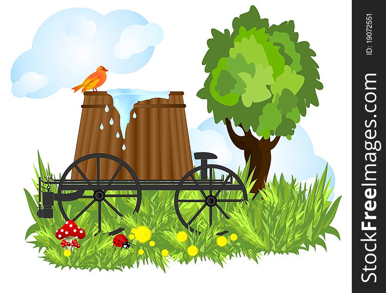 Old cart carrying a wooden barrel with water, vector format. Old cart carrying a wooden barrel with water, vector format