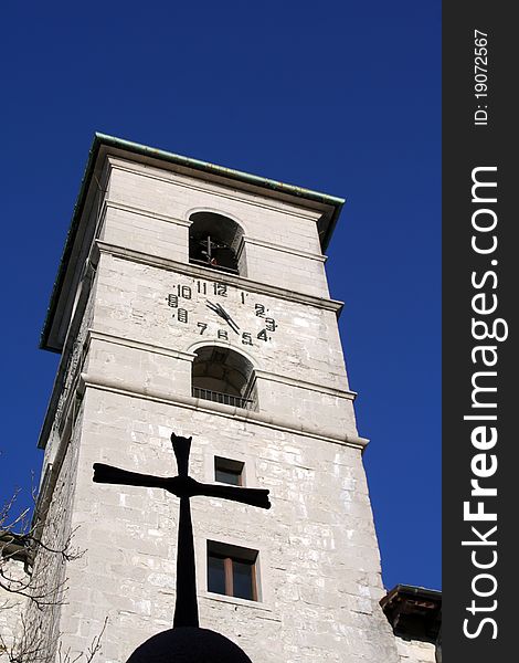 The clock tower, detail of the shrine and convent of Castelmonte. The clock tower, detail of the shrine and convent of Castelmonte