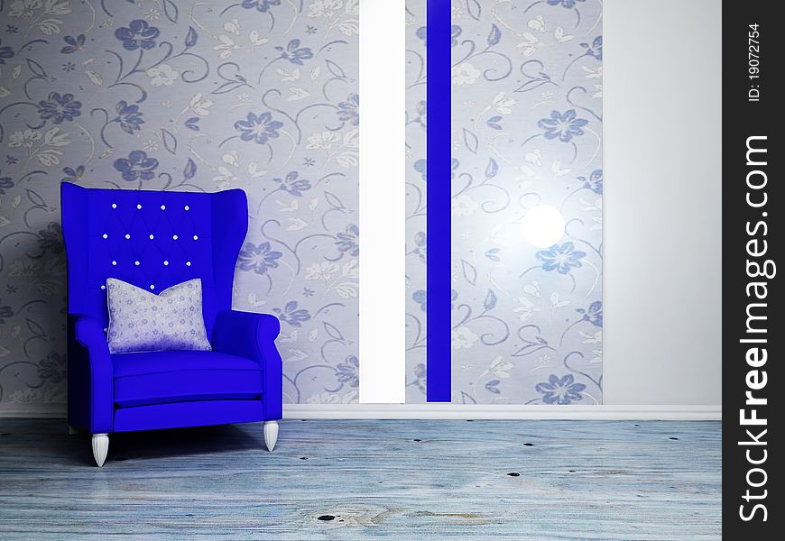 Interior design scene with a nice blue armchair on the floral background
