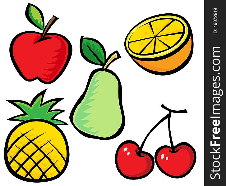 A set of frutis clip art with five items including apple, orange, pear, pineapple and cherry.