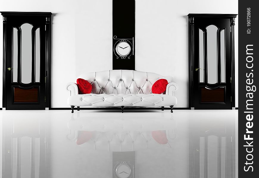 Interior design scene with the black classic doors and a white sofa