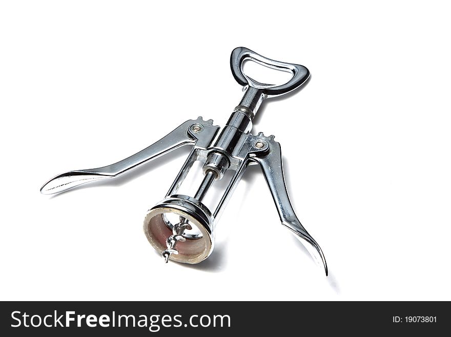 An Stainless corkscrew isolated on white background with bottle opener