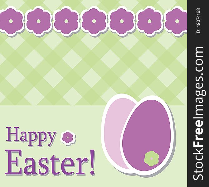 Easter card on green background with purple flowers and message